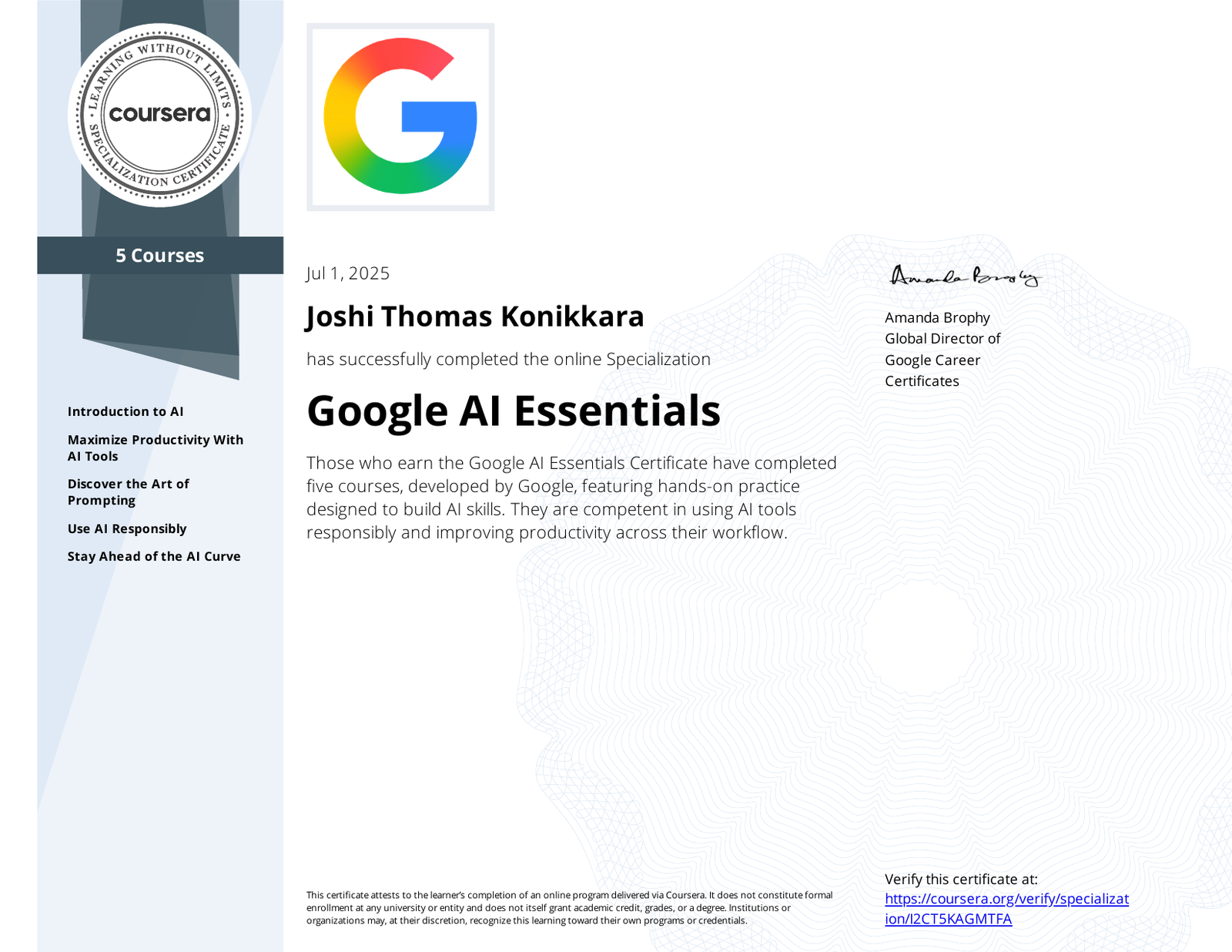 Google AI Essentials Certificate — Joshi Thomas Konikkara